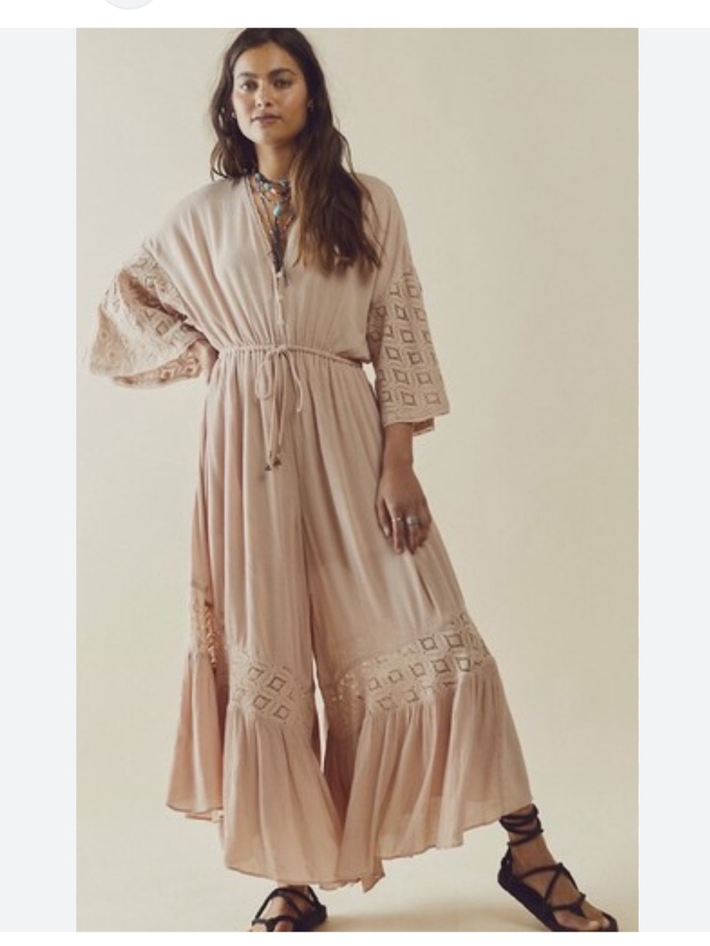 FREE PEOPLE NWT "Angela" Boho Granola Wide-Leg Crochet Lace Tan/Rose Jumpsuit M